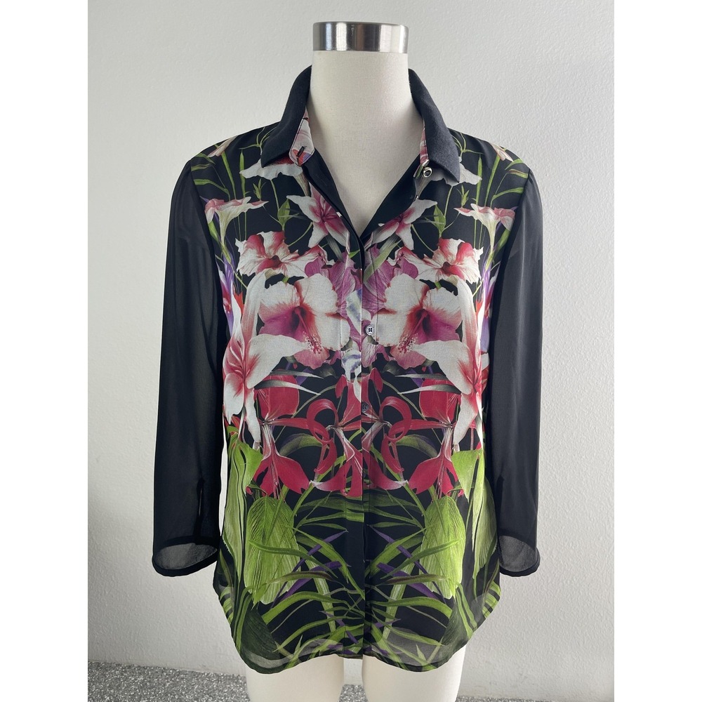 Ted Baker Blouse Womens 2 Multicolor Floral Sheer Button Front Long Sleeve Top